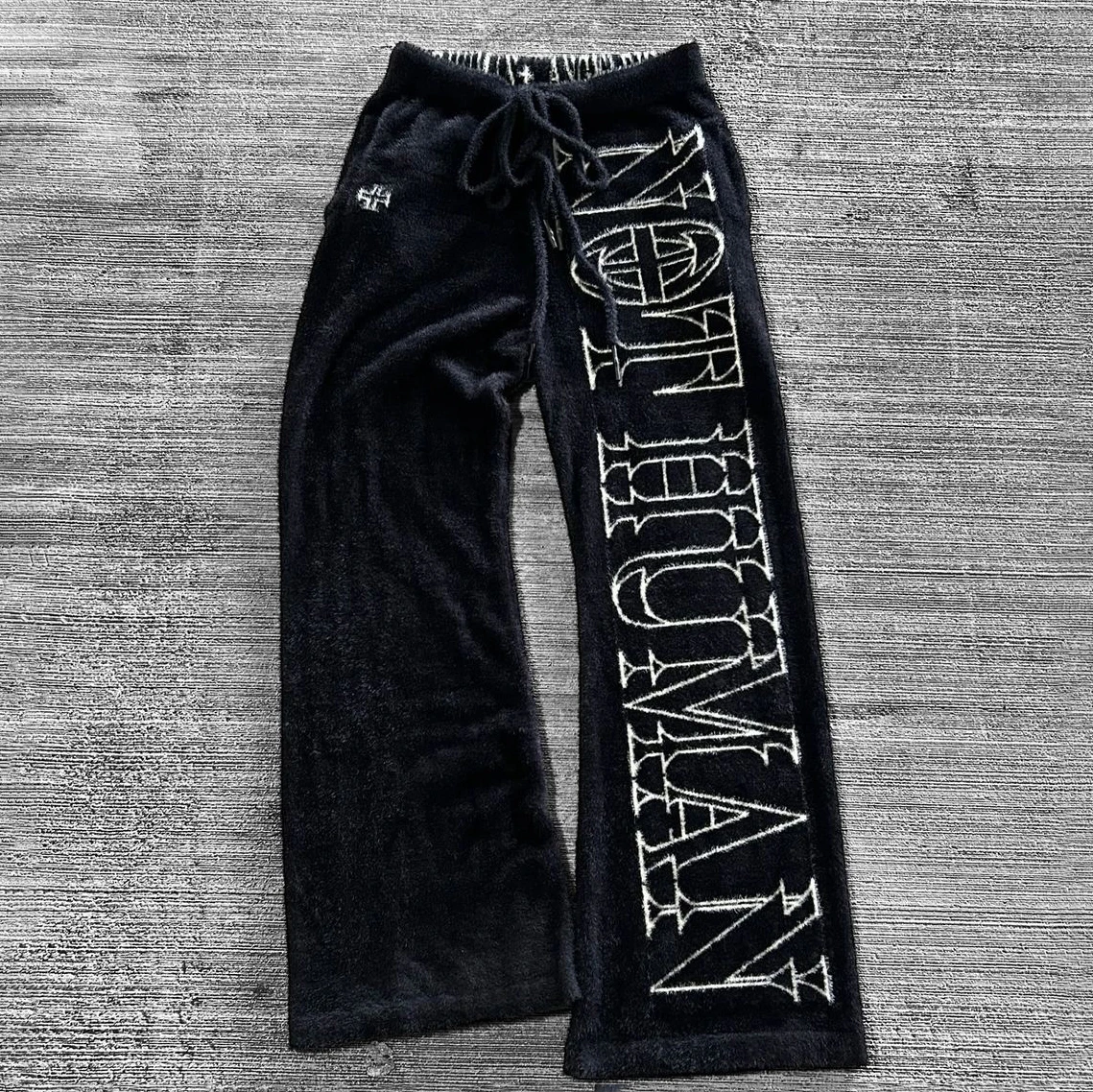 Custom Logo Winter Fashion Men Knit Trousers Fuzzy Baggy Mohair Pants Men Mohair Flared Sweatpants Mohair Flare Sweater Pants
