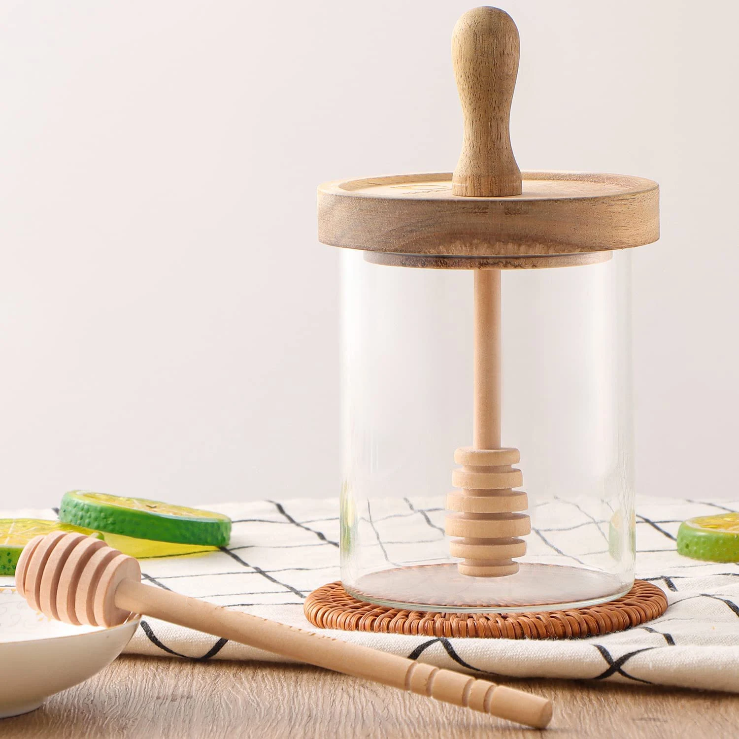 Honey Dipper Stick and Jar Set Glass Honey Jars with Wood Lid Glass Honey Jar With Dipper