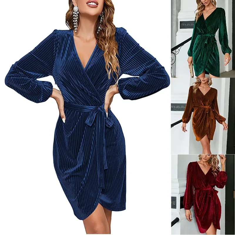2023 new best-selling European and American lace-up solid color velvet long-sleeved banquet dress