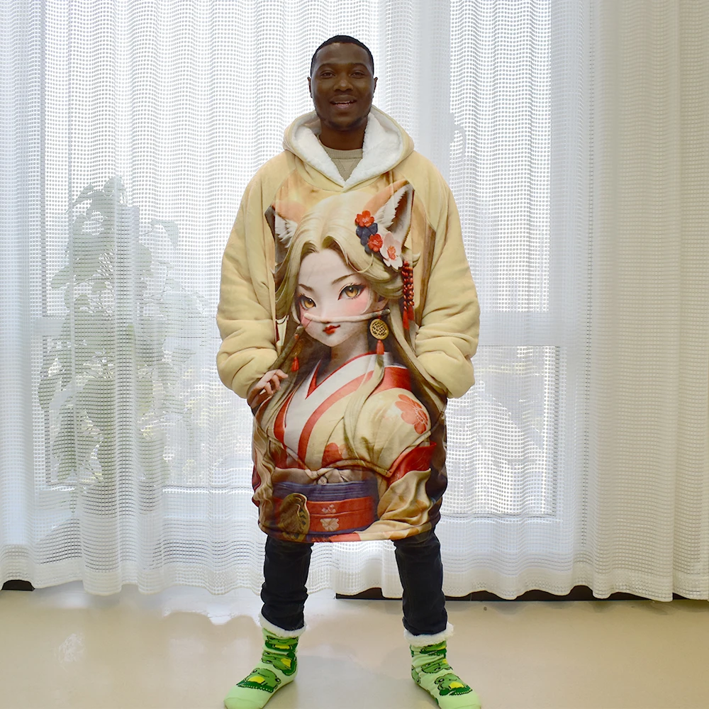 Soft Flannel Panda Wholesale Long Lined Custom Oversized Anime Printed Warmer Fleece Sherpa Wearable Sleeping Hoodie Blanket