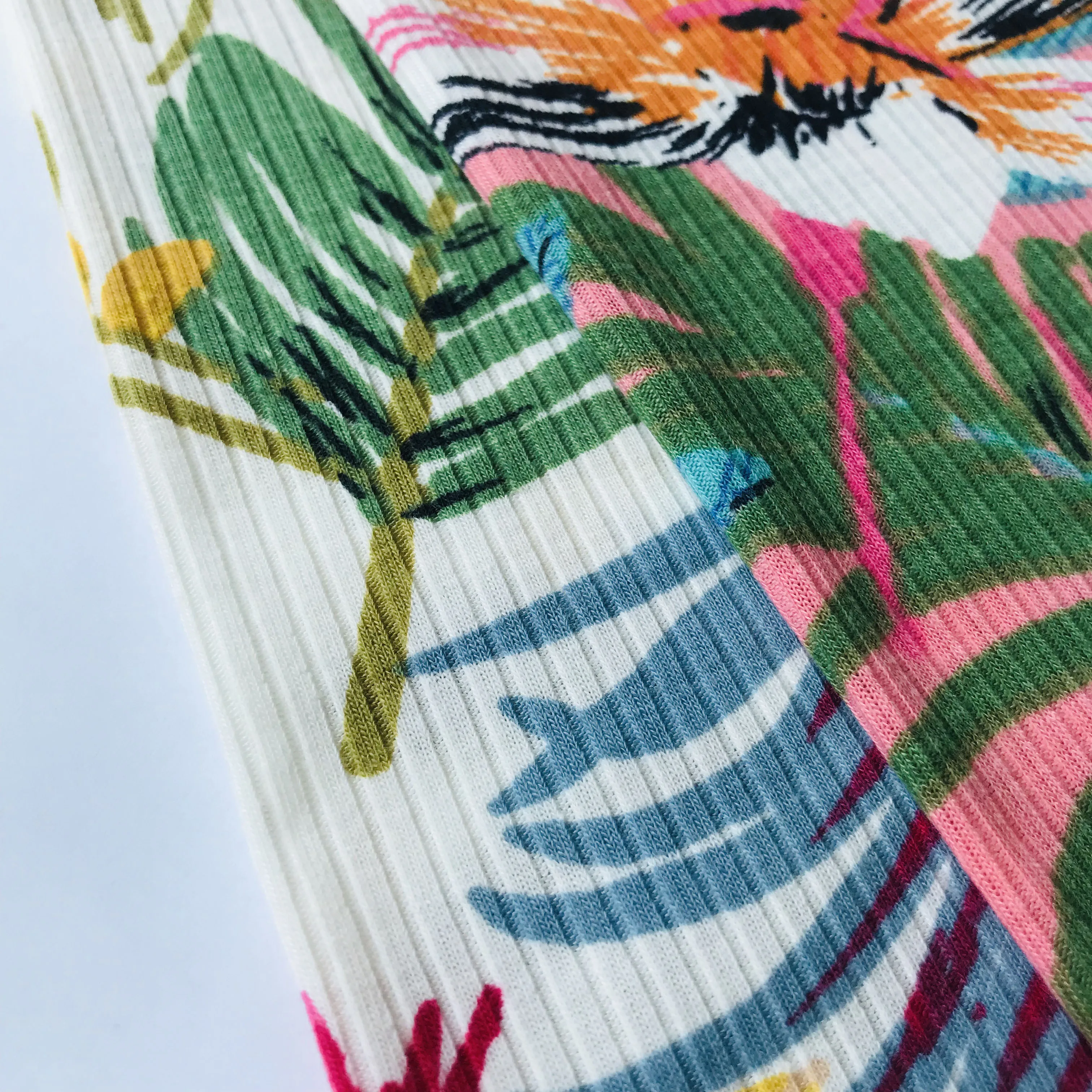 Shaoxing Rib Printed Fabrics Textiles 96%polyester 4%sp 4*2 Screen Printing Free 100% Polyester Weft Knitted Soft Hand Feel **