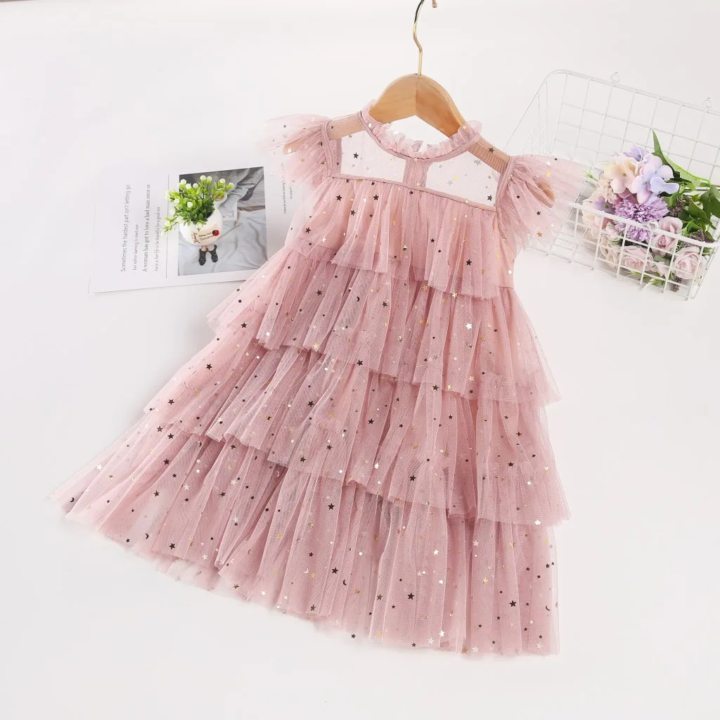 2020 flying sleeve star moon fairy skirt sequin cake net yarn children tutu princess dress girls summer dresses for hot selling
