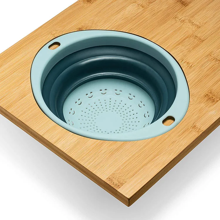 Custom new types multi-function 2 in 1 kitchen elegant bamboo over the sink cutting board with collapsible strainer