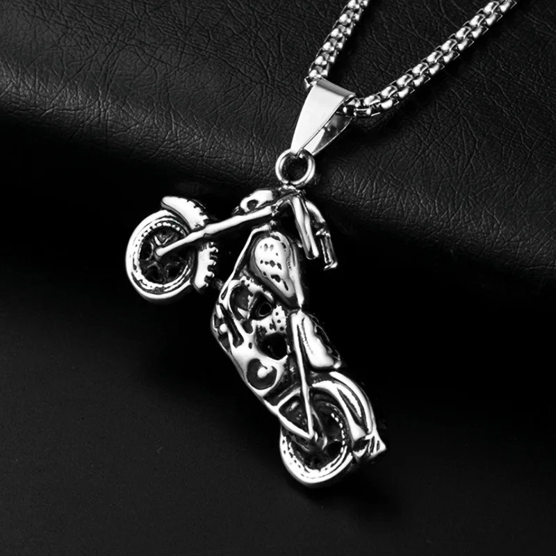 Men Vintage Gothic Ghost Rider Necklace  Alloy Motorcycle Motor Bike Pendant Necklace Rock Jewelry