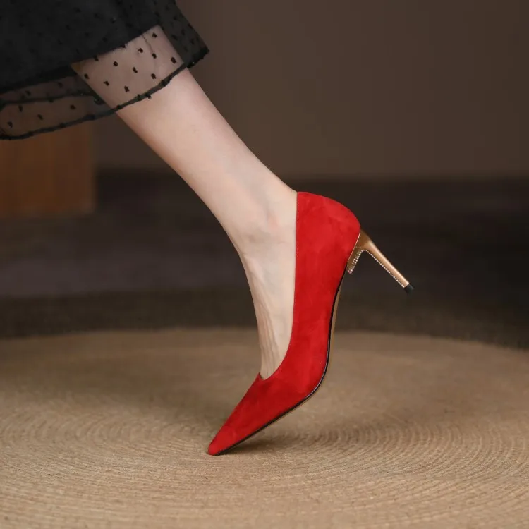 wholesale genuine leather women custom sheep skin pointed toe kitten high heel ladies shoes