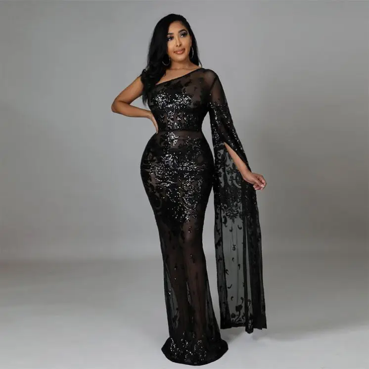 Mesh Sequin Maxi Bridal Gowns Wedding Dress Vestido De Gala Elegant Africa Femme Modest Evening Dresses One Shoulder Sleeveless