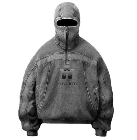 Low Moq Wholesale Drop Shoulder Acid Wash Vintage Hoodie Men Full Face Hood Half Zip Up Retro Ninja Hoodie