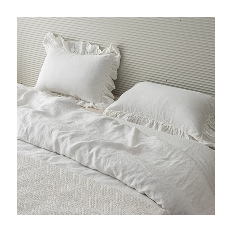 LZ  flax linen bed set stonewashed 100% linen pillow cases duvet cover white ruffled french linen bedding