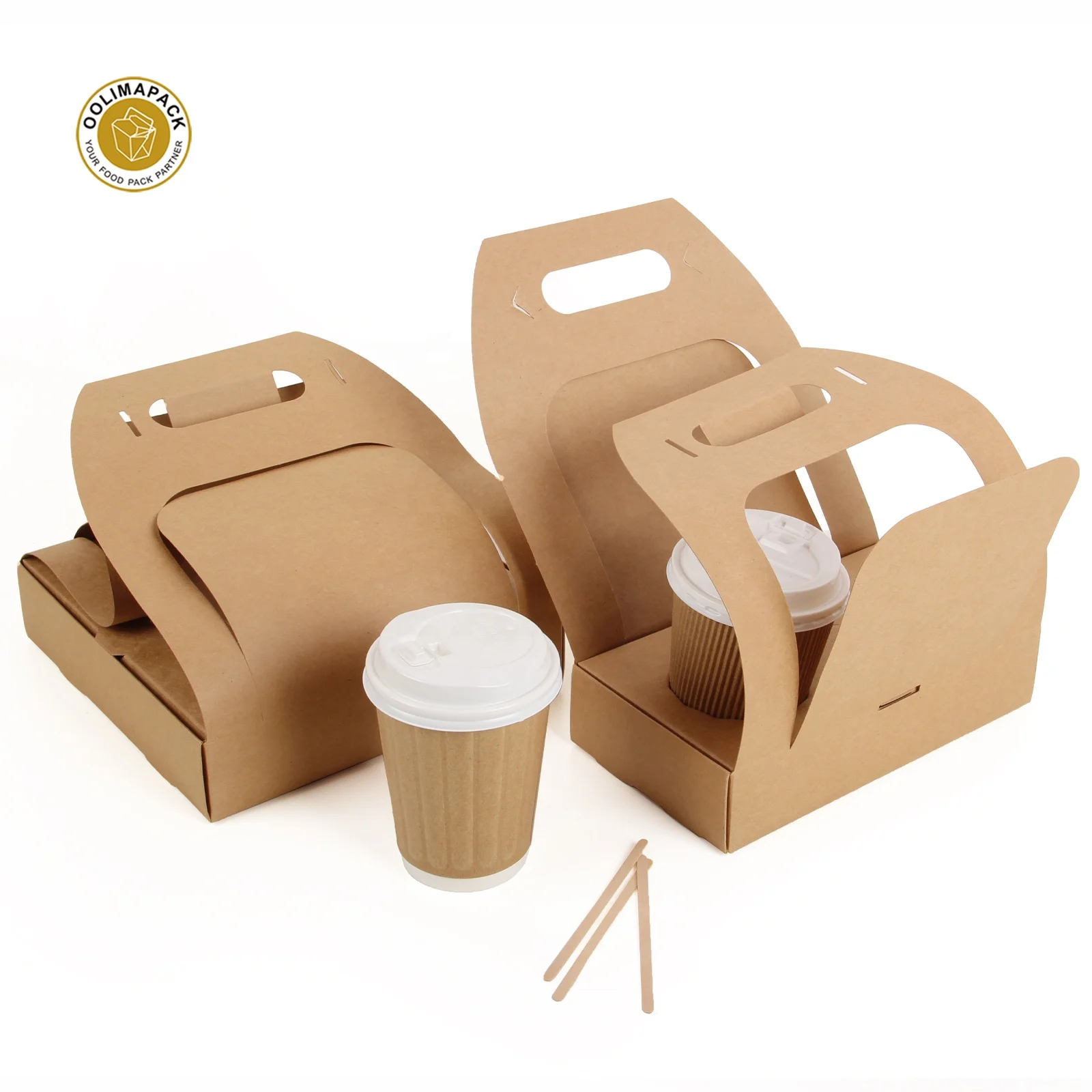 Biodegradable Disposable Paper Coffee Cup Carrier with Handle for Drink Takeaway