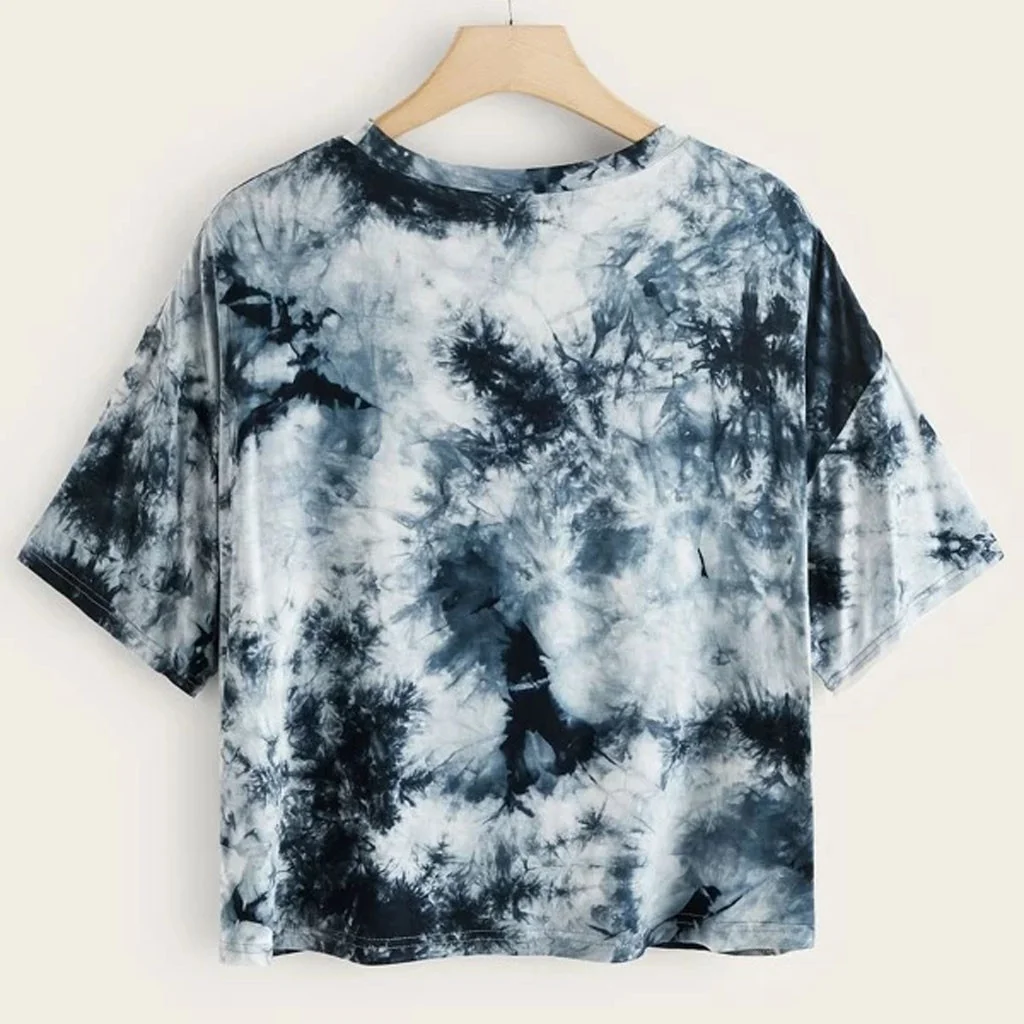 Summer New Style European And American Ink Woman Tie Dye Short Sleeve Loose Irregular Crop T Shirt For Women