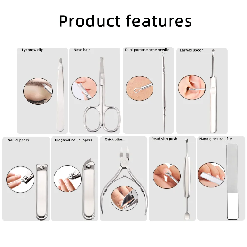 High Quality Custom Private label 9 pieces stainless steel Nail Clippers Cutter Kit Nail Care Manicure Set Nail Tool