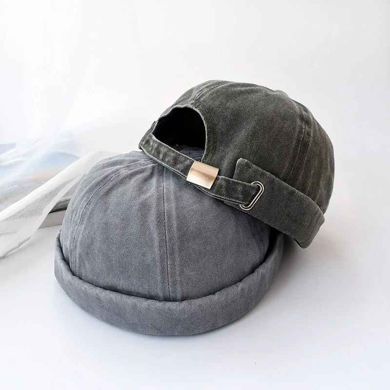 Hip Hop Men Headwear Brim Rolled New Stylish 6 Panels Hippie Washed Cotton Denim Melon Bonnet Docker Landlord Brimless Cap Hats