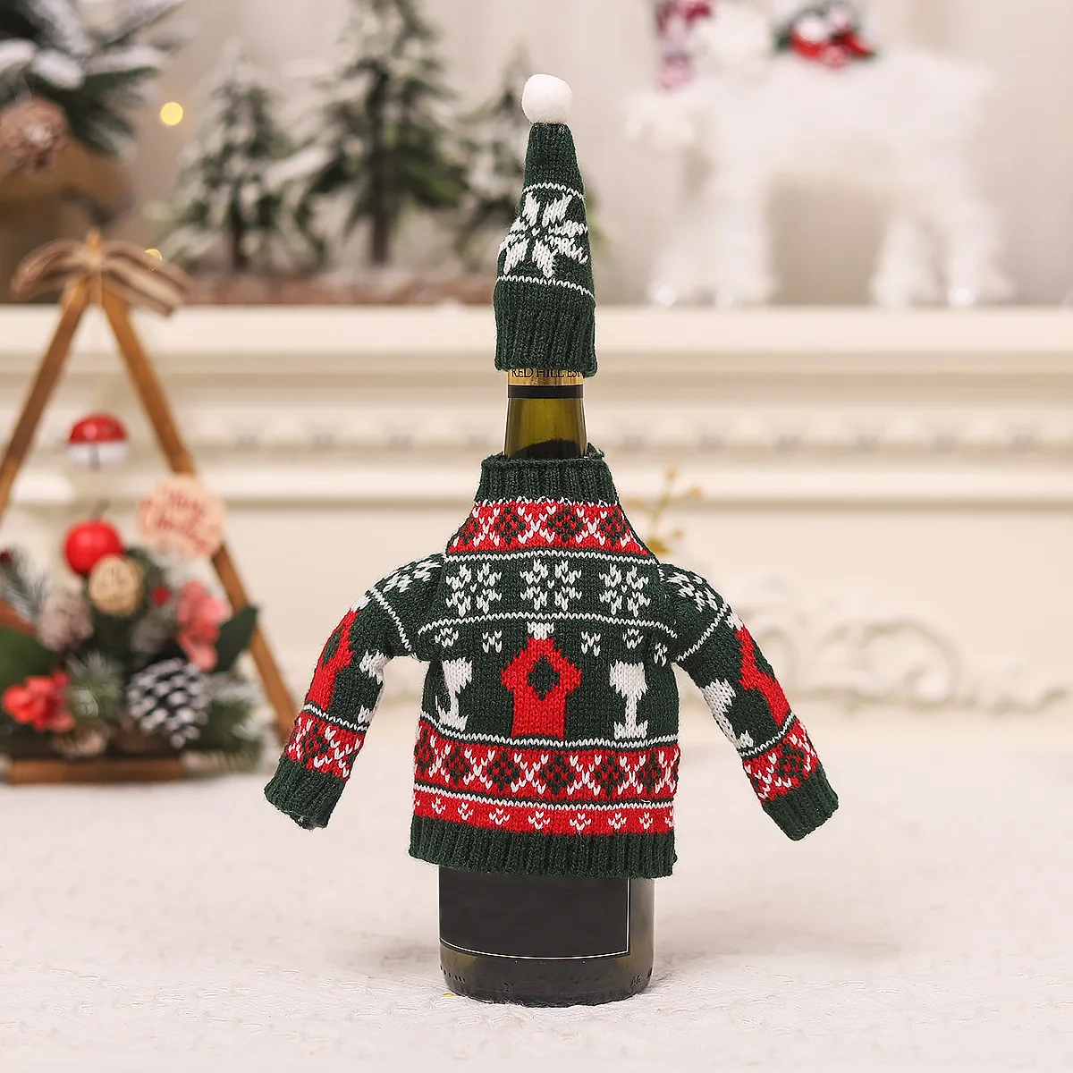 2024 New Design Christmas decorations red wine champagne bottle hat knitted two-piece Christmas table dress up party Restaurant