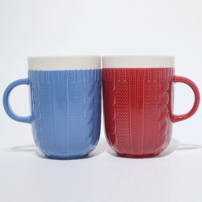 Stocked Customized Creative Gift Mug Multicolor Ceramic Embossed Mug Wool Sweater Texture Coffee Cup
