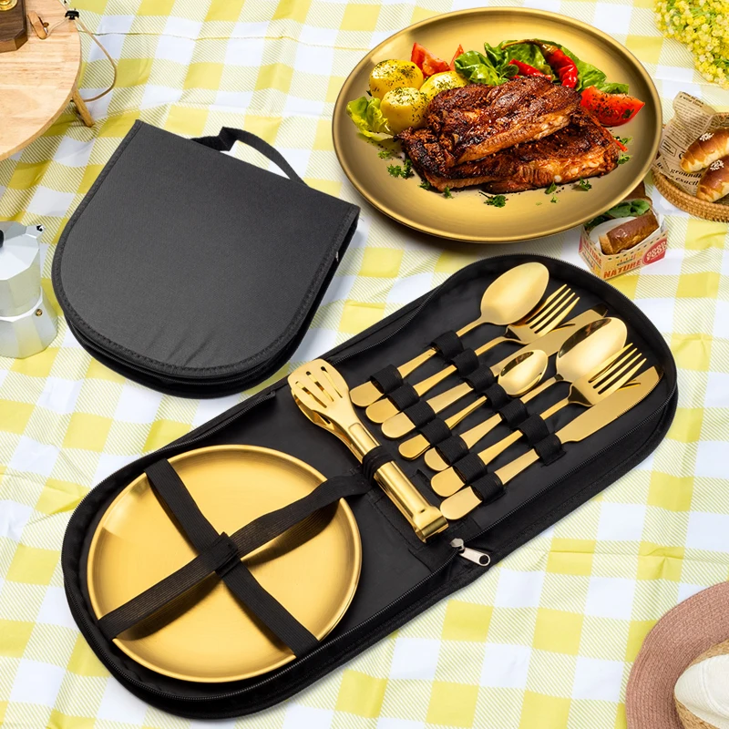 11pcs Portable Picnic Cutlery Set Stainless Steel Outdoor Barbecue Plate Knife Fork Spoon Classic Design Sustainable Camping