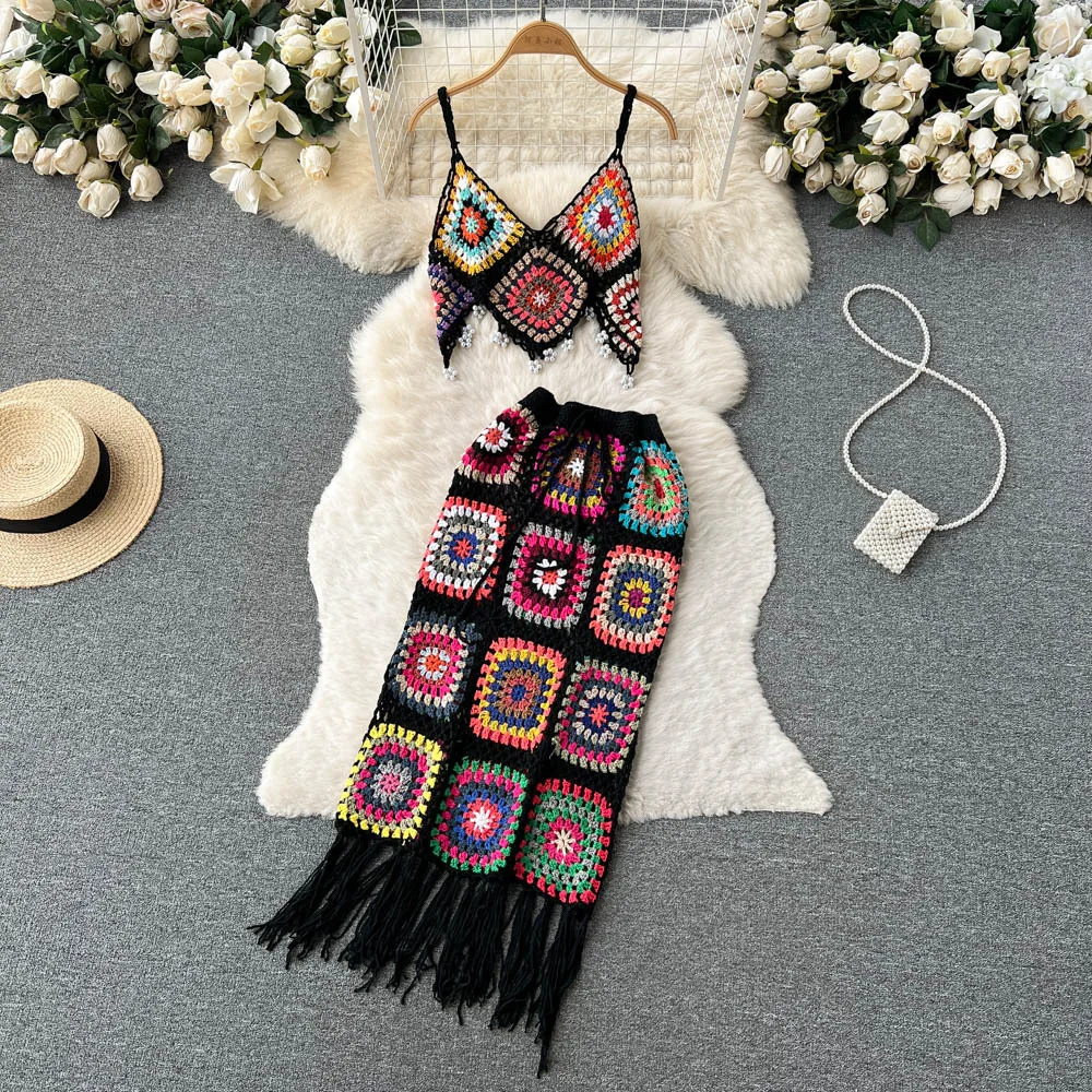 Custom Women Crochet Crop Bohemian Tank Tops Knitted V Neck Camisole Vest and skirt