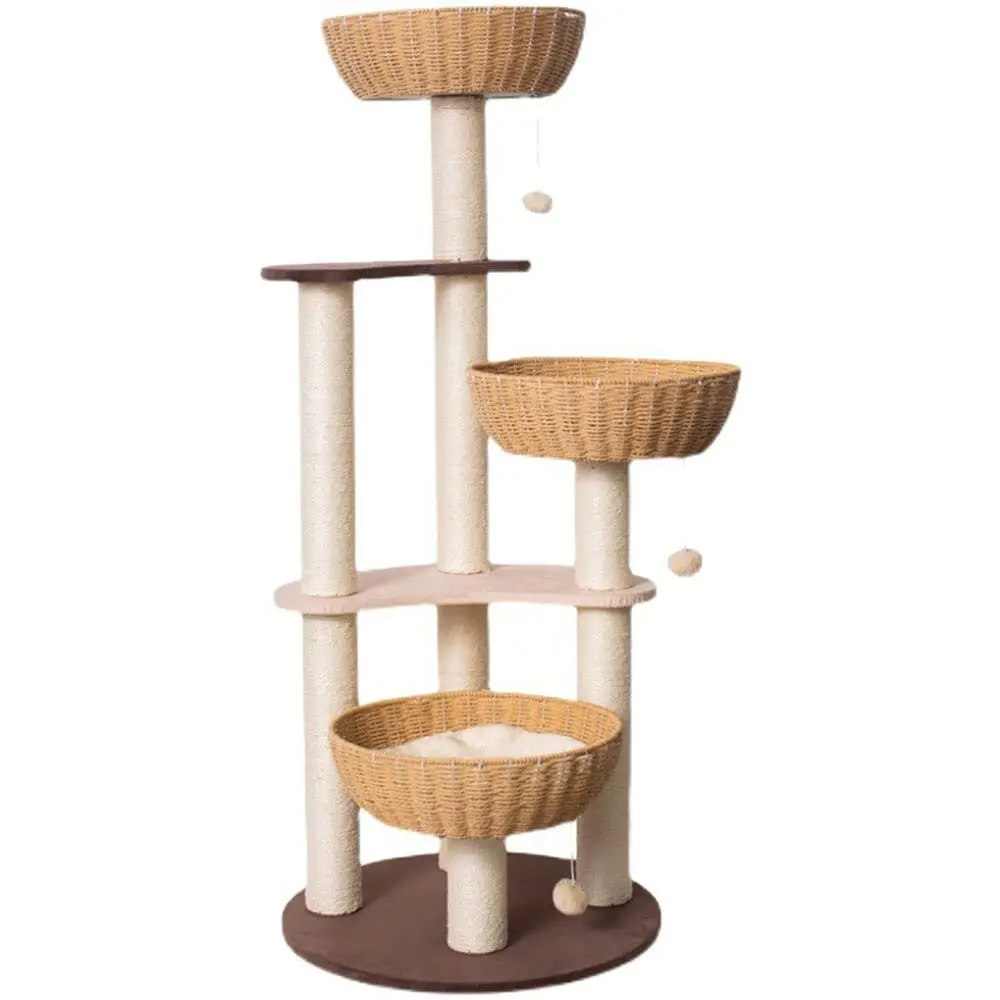 MPJ010 Luxury Multilayer Pet Play Furniture Activity Center Cat Condo Cat Scratching Post Rattan Woven Solid Wood Cat Tree