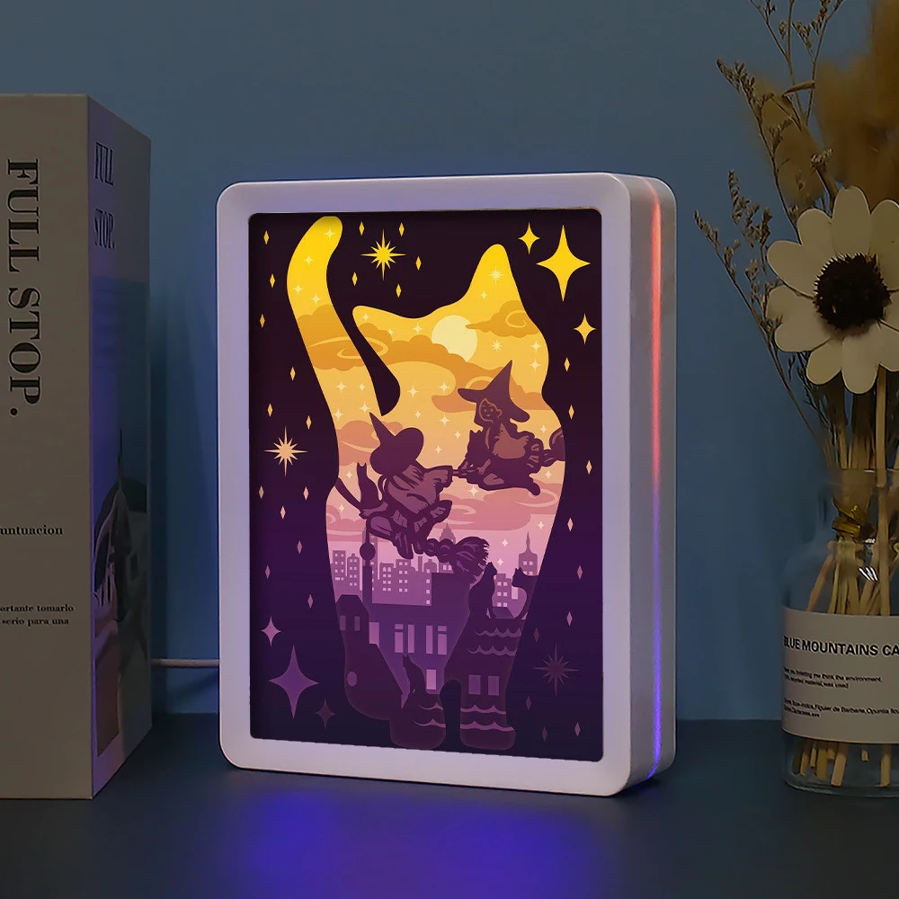 Halloween 2023 Cute Cat and Witch Shadow Box Frames Kids Night Light Custom Picture Frame 3D LED Lamp For Kids Room Decor