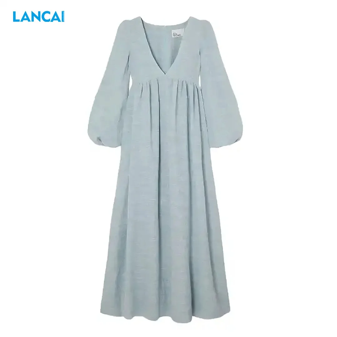 Custom Summer Clothing Elegant Vintage V-neck Maxi Ladies Long Sleeve Women Casual Dresses Linen Dress