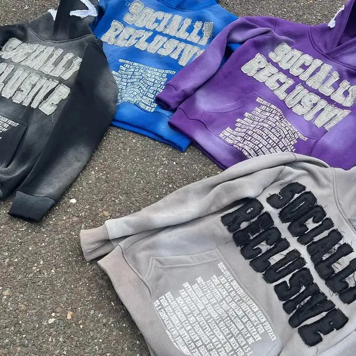 Custom Cotton Heavyweight Distressed Cropped Hoodie Patch Cut And Sew Streetwear Acid Washed Sun Fade Vintage Wash Hoodie