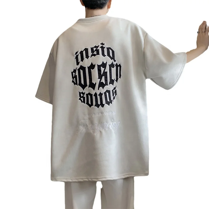 Custom logo vintage shortsleeved mens tee summer loose European American high street heavy embroidered suede halfsleeve tshirt