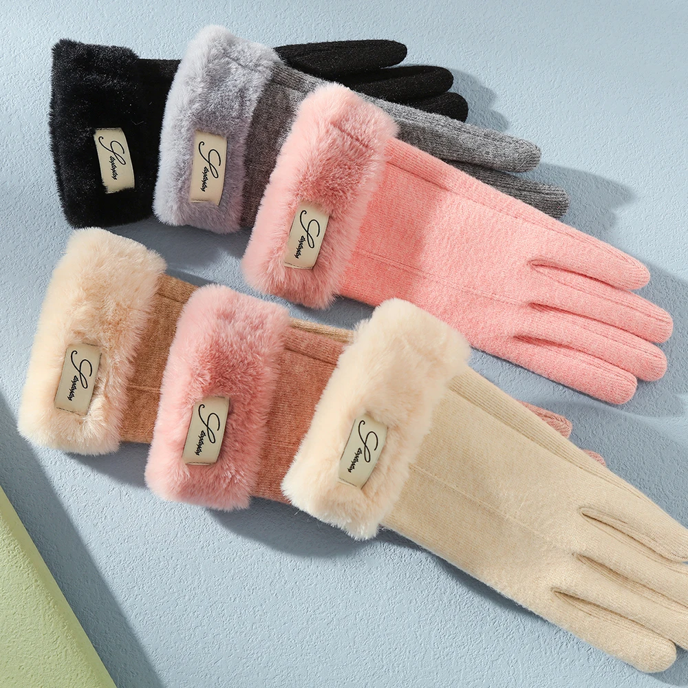 Autumn and winter warm cashmere Korean version of students outdoor cycling ladies gloves