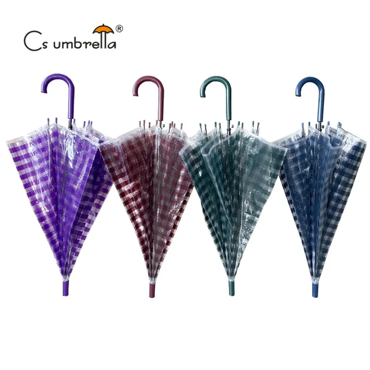 YS-1160 Hot Sale Cheap Clear Transparent Plastic J Handle Auto Open Umbrella Plaid Check Custom Printing POE Umbrella