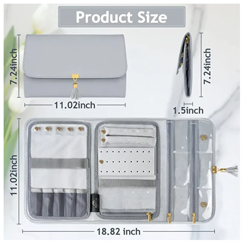 Portable Travel Jewelry Storage Bag Folding Multi-Grid Ring Earrings Necklace Bracelets Pu Leather Jewelry Box Gift