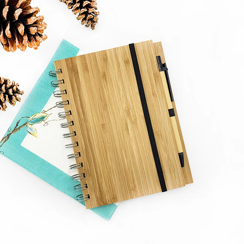 WELLECOS customized logo wood cover notebook hamboo cover with pen gift Eco-friendly stationery set