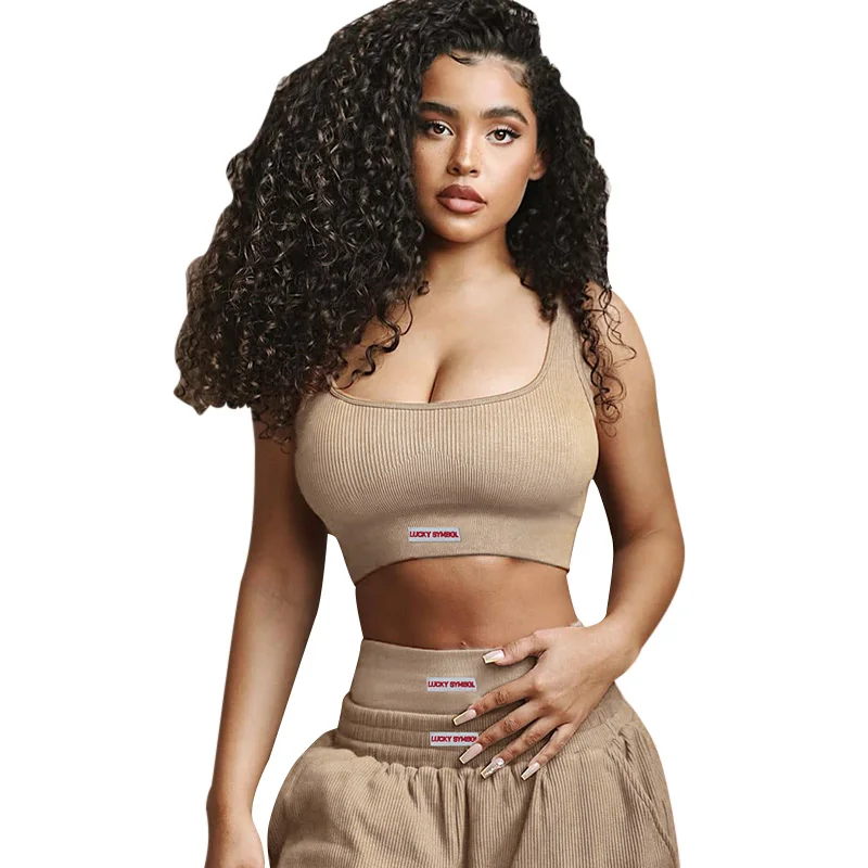 2020 new arrival casual sports wear solid tank top two piece set lucky label crop top women sets two piece