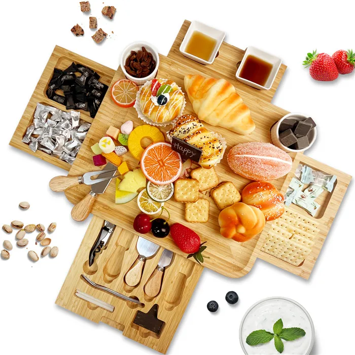 Serving tray multi level two tier cheese board farmhouse luxury charcuterie  knife set charcuterie board with 4 cheese knives