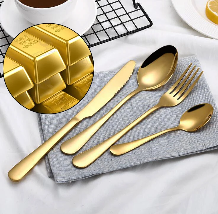 Dinnerware Sets Cutlery Set  Utensils Spoon Cubiertos Stainless Steel Camping Titanium Gold Flatware
