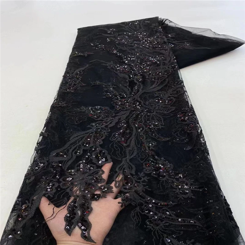 Good quality guangzhou factory Designer Luxury Wedding Dress Fabric Machine Beads Embroidery 5 yards