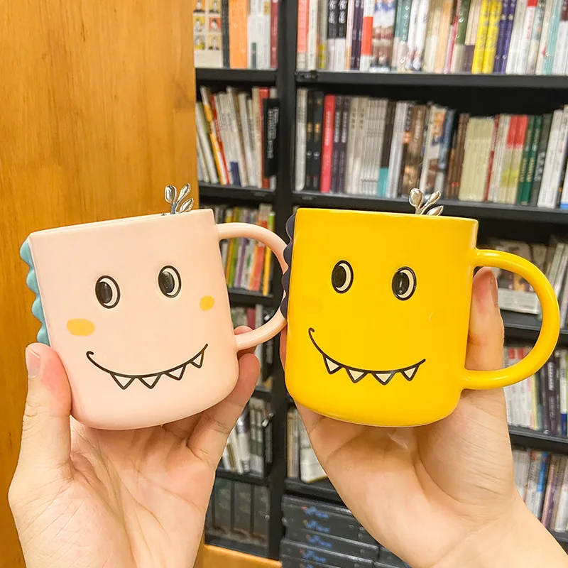 Cartoon cute dinosaur children ceramic cup and saucer set small fresh breakfast couple cup funny expression mug