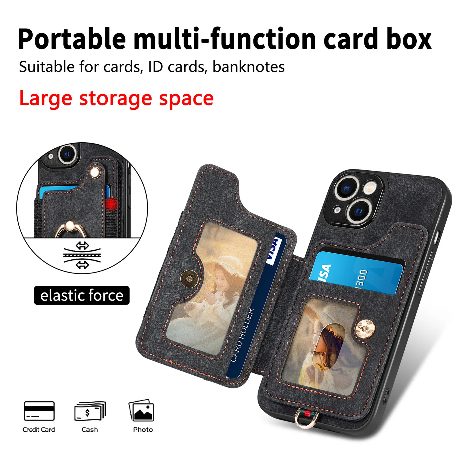 For iPhone 11  12 13 14 Pro Max RFID anti-theft brush PU Leather credit card wallet with ring holder mobile phone case
