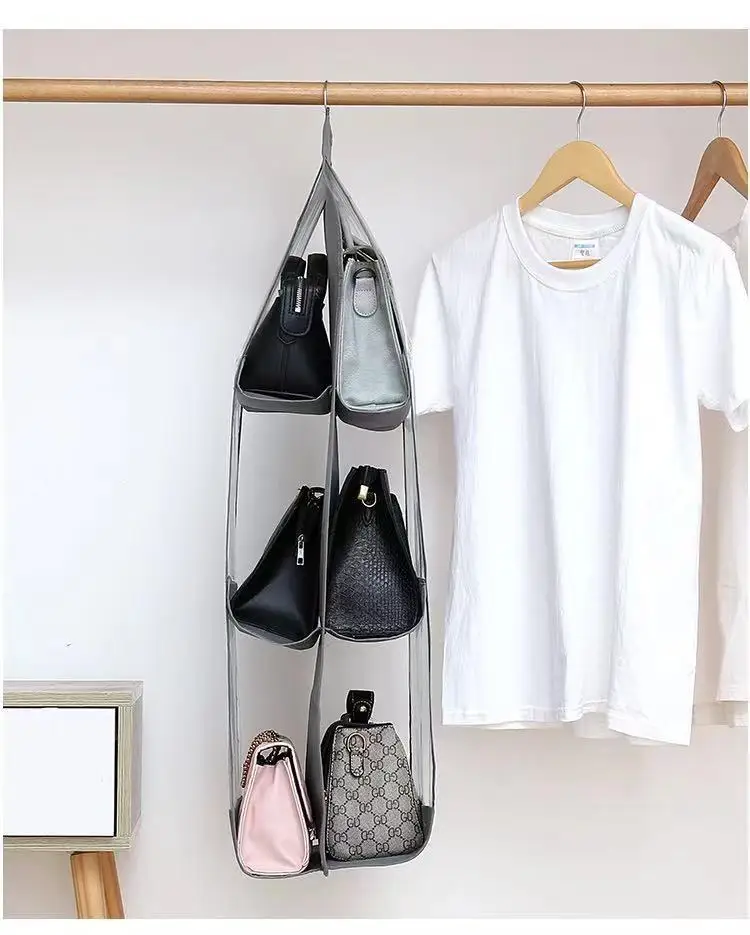 Home Organization 6 Pocket Gray Hook Hanger Big Bags Storage Hanging Handbag Organizer Storage Bag