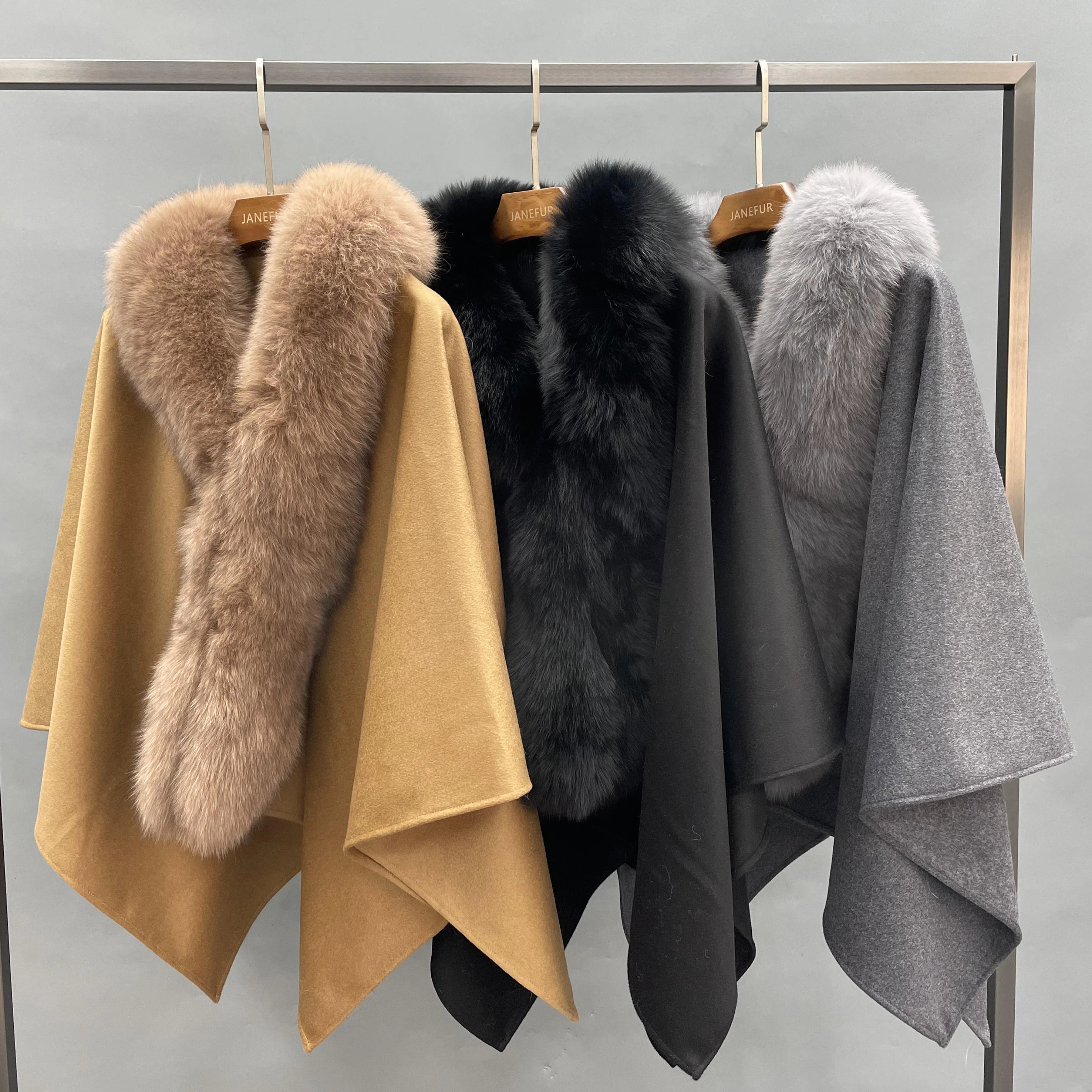 Winter Cashmere Shawls Cape  Women Fur Trim Ponchos Fox Fur Shawl