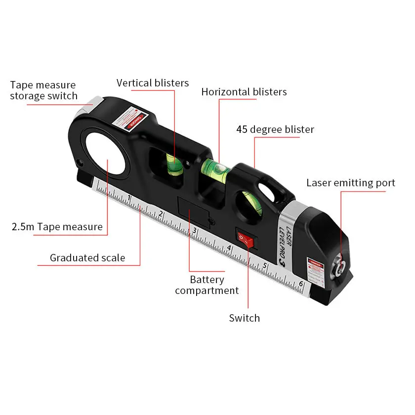 Laser Horizon Vertical Measure Tape Portable Home Decoration Tool Tape LV03 Measure Laser Level Black OEM