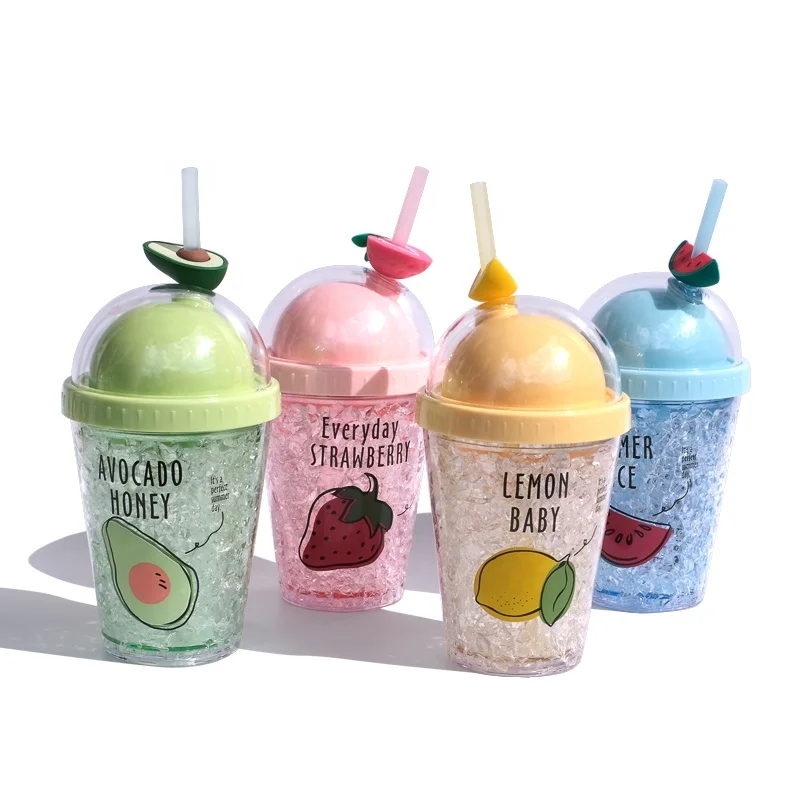 
Girlwill Summer Ice Cup Plastic Insulated Double Wall And Dome Lid Mugs Custom Water Tumbler With Straws And Silicone fruit 