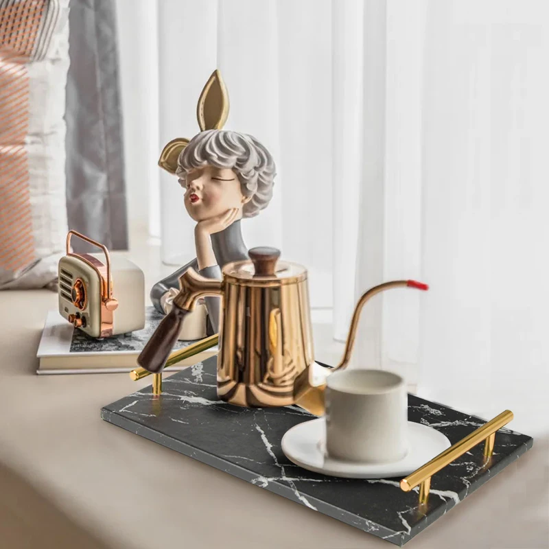 Black marble decoration tray coffee tea tray with gold/rose gold handles