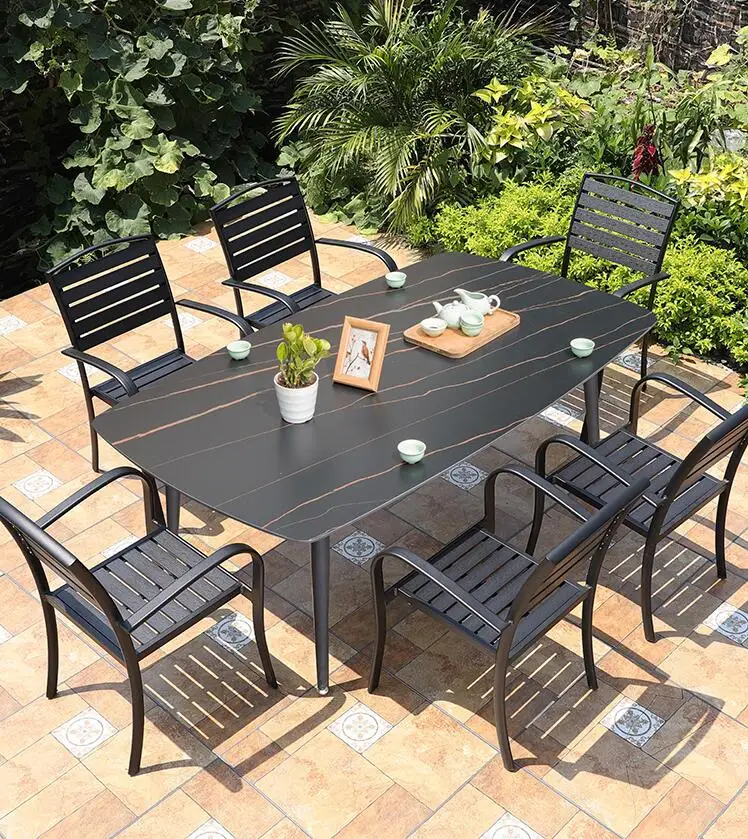 Hot Selling Outdoor Bistro Cafe Garden Furniture 6 Or 4 Seats Plastic Wood Restaurant Dining Tables And Chairs