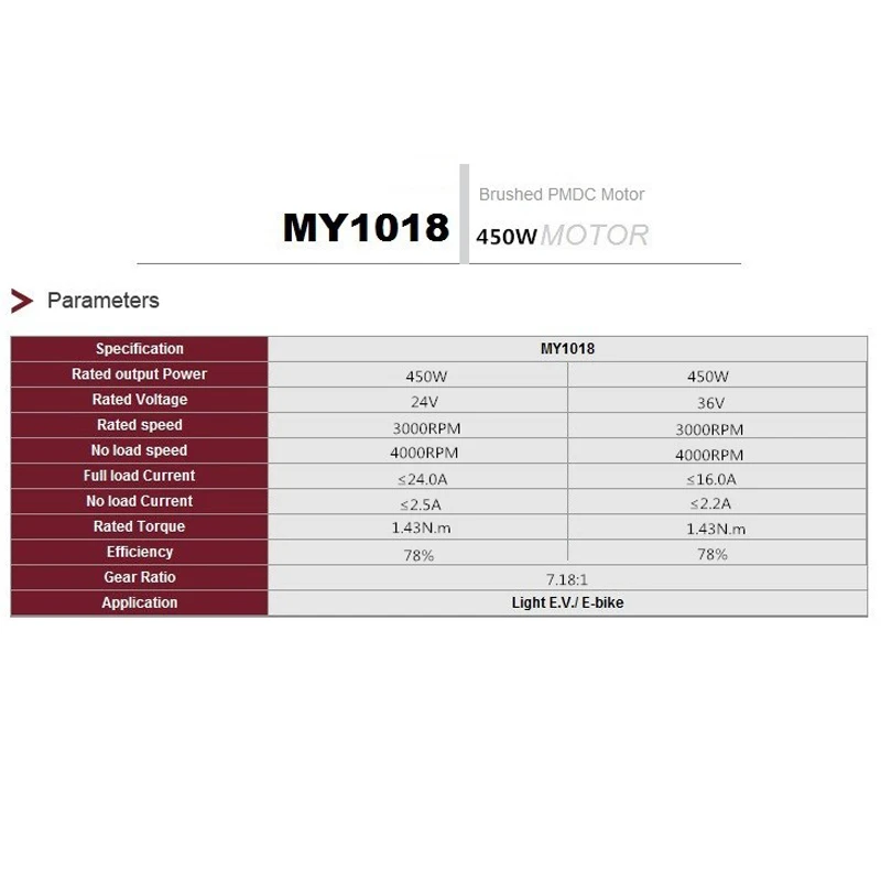 MY1018 Electric Bicycle Motor Brushed DC 24V 36V 250W 450W for E-Bike Use