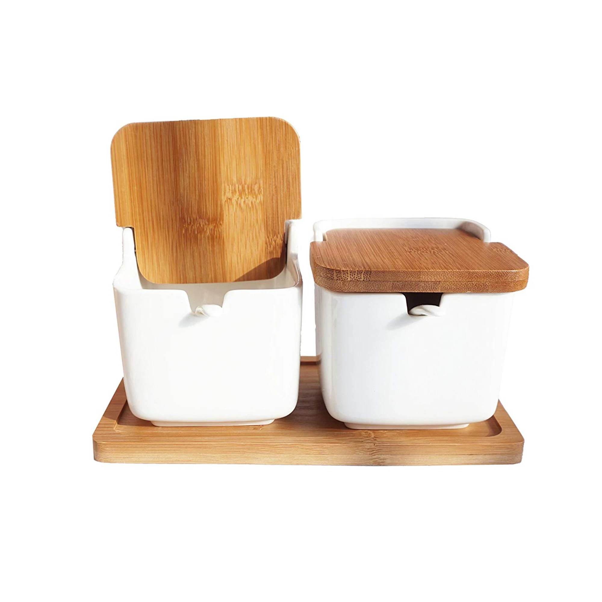 Custom Ceramic Storage Jars For Sugar Salt Spice With Magnetic Swivel Bamboo Lid Container