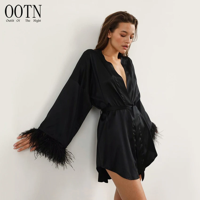OOTN White Wedding Dress Black Bride Dresses Long Sleeve Loose Peignoirs For Women Robe Feather Bathrobes Satin Sexy Mini Dress