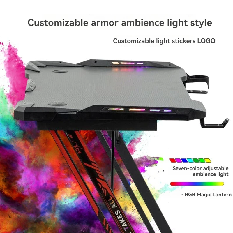 Discount LED Light Black Computer Desk Gaming Table Gamer Desk With Carbon Fiber Gaming Table For Sale