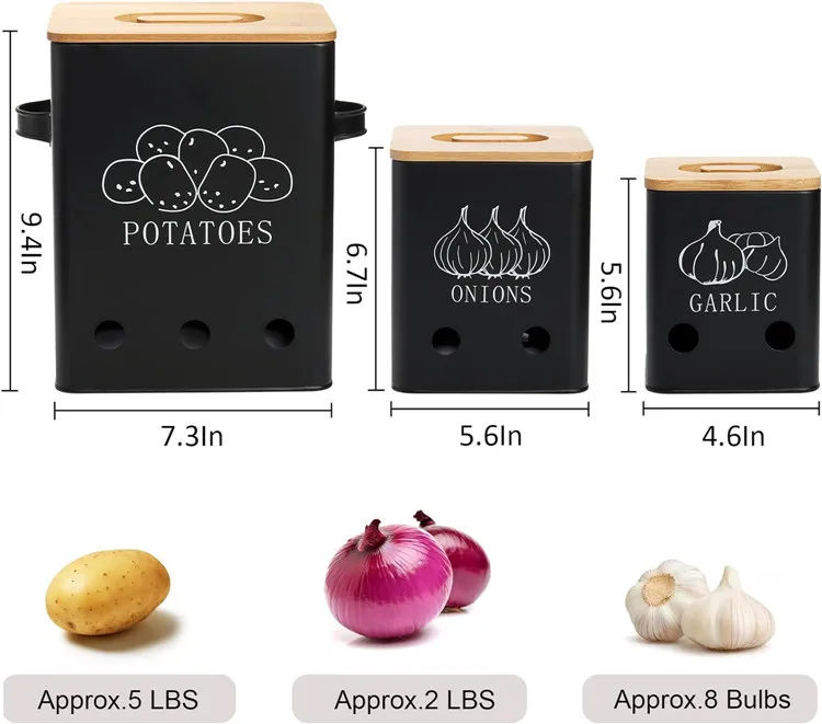 Kitchen Pantry Organizer Black Metal Vegetable Fresh Keeper Caddy Potato Onion Storage Box Food Container Sets With Bamboo Lids