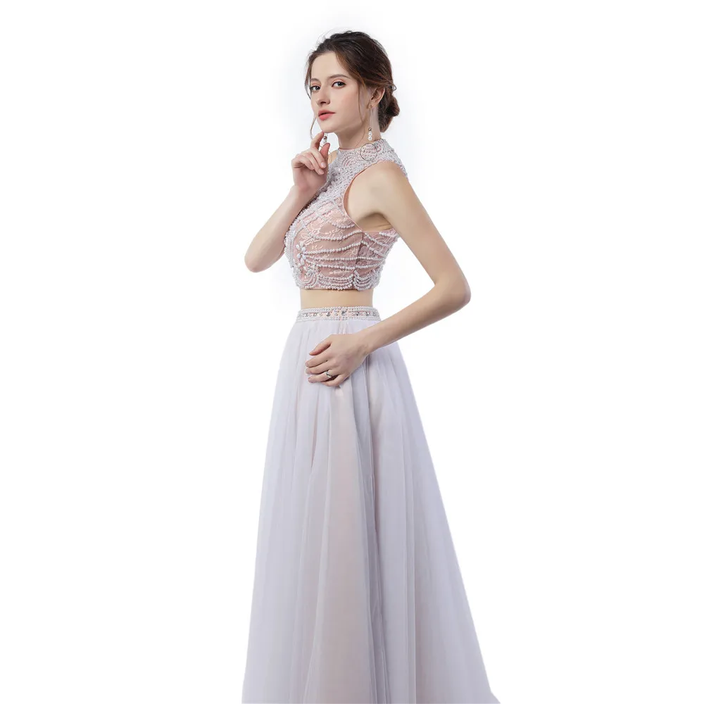 2 in 1 Two Pieces Halter Beaded Prom Evening Dresses Light Pink Tulle See Through Open Back Sexy Prom Evening Formal Gown