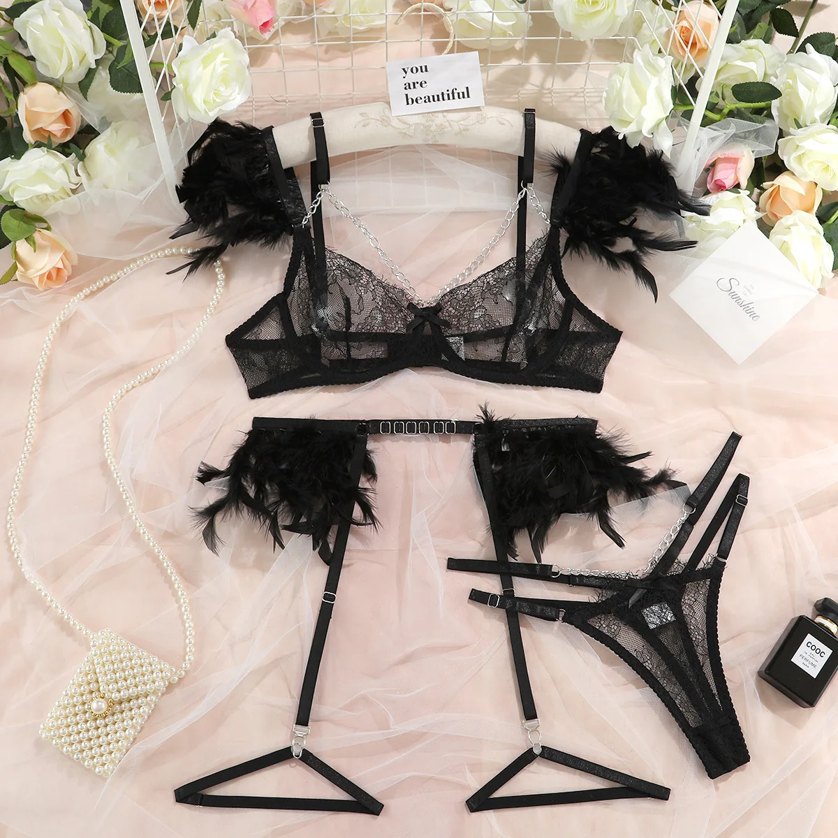 Garter Lingerie for Women Sexy Lace Lingerie Elegant Feathers Matching 4 Piece Lingerie Set