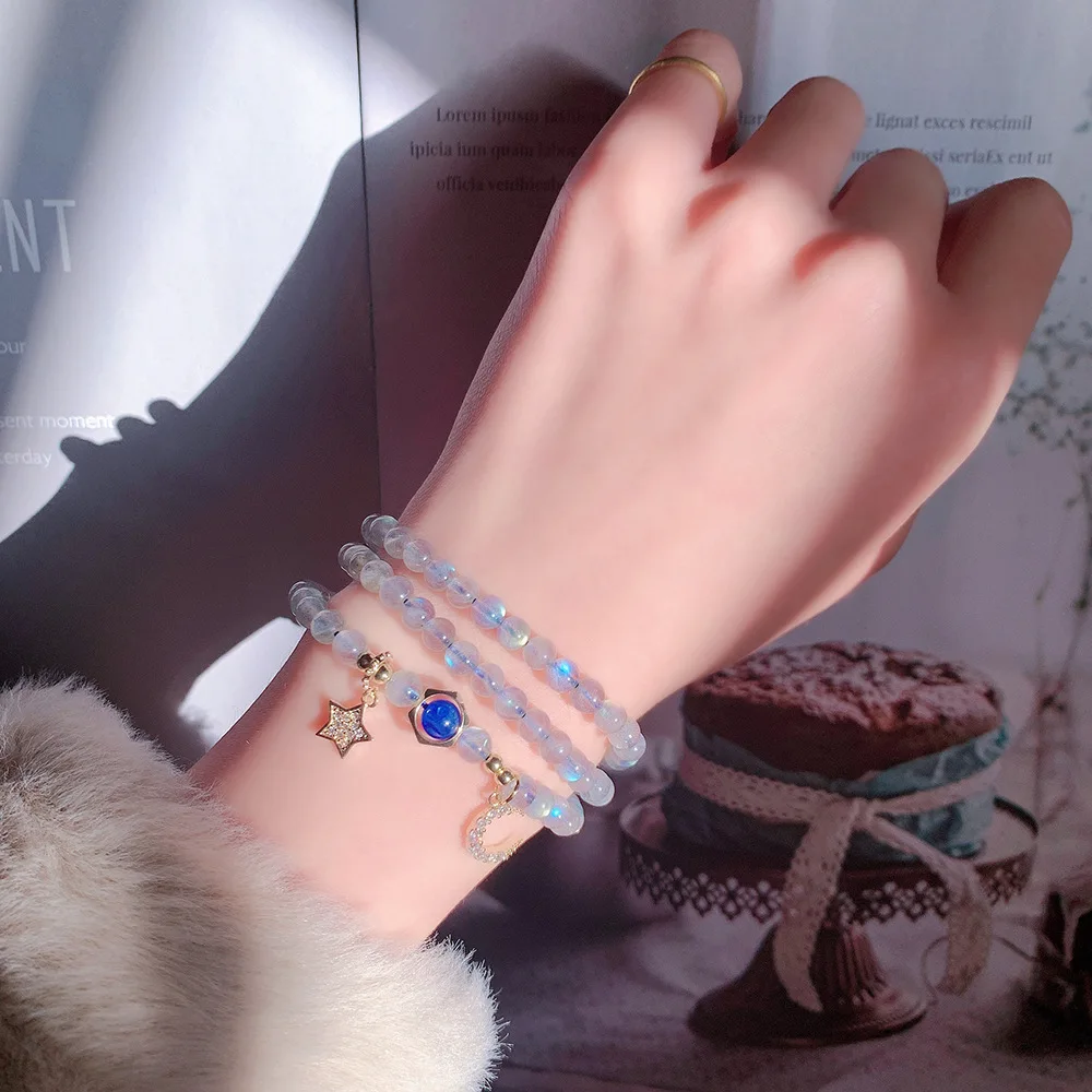 Natural Gray Moonstone with star and moon pendant three circles DIY Tik Tok fashion bracelet Factory wholesale