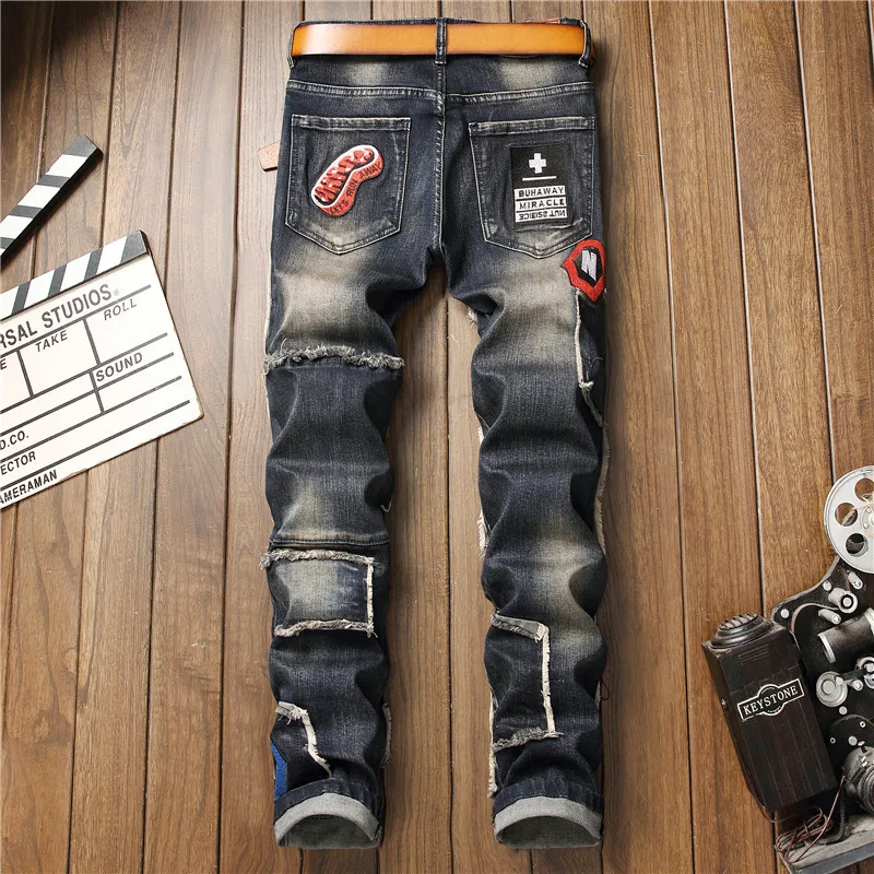 Мужские рваные джинсы motor & biker design повседневные заплатки в стиле хип-хоп из хлопка и полиэстера с вышивкой мультфильма